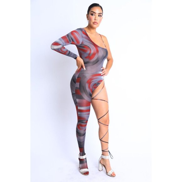 Women Paint Printed One Sleeve One Leg Tie Detailed Jumpsuit Sexy Jumpsuit - Picture 8 of 15
